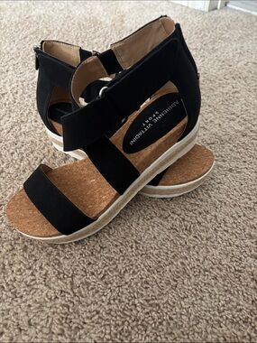 Adrienne Vittadini Black Cork Wedge Sandals with Ankle Zip
